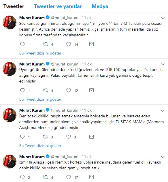 Murat Kurum İzmir çevre felaketi geminin bulunduğunu açıklayan tweetleri
