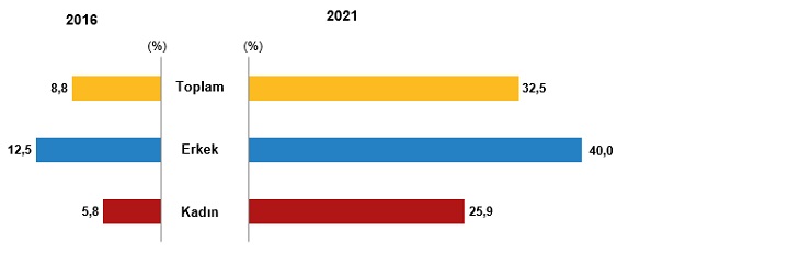Yaşlı bireylerin internet kullanım oranı, 2016, 2021